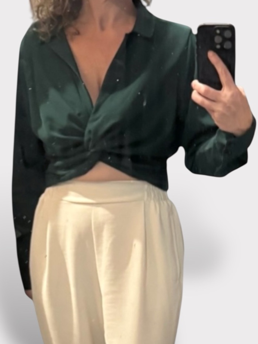 Abercrombie & Fitch Twist Front Blouse Green Crop Shirt Long Sleeve M
